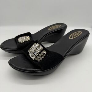 Callisto of California Women Black Wedge Sandals Crystal Embellished Slide Sz 10